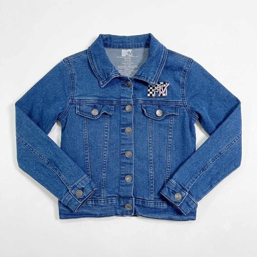 MTV Graphic Logo Denim Trucker Jacket Blue Dark Wash Cotton Girls Medium 7 8
